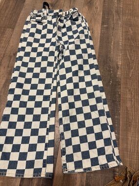 Old Navy Blue & White Checkerboard Wide-Leg Jeans